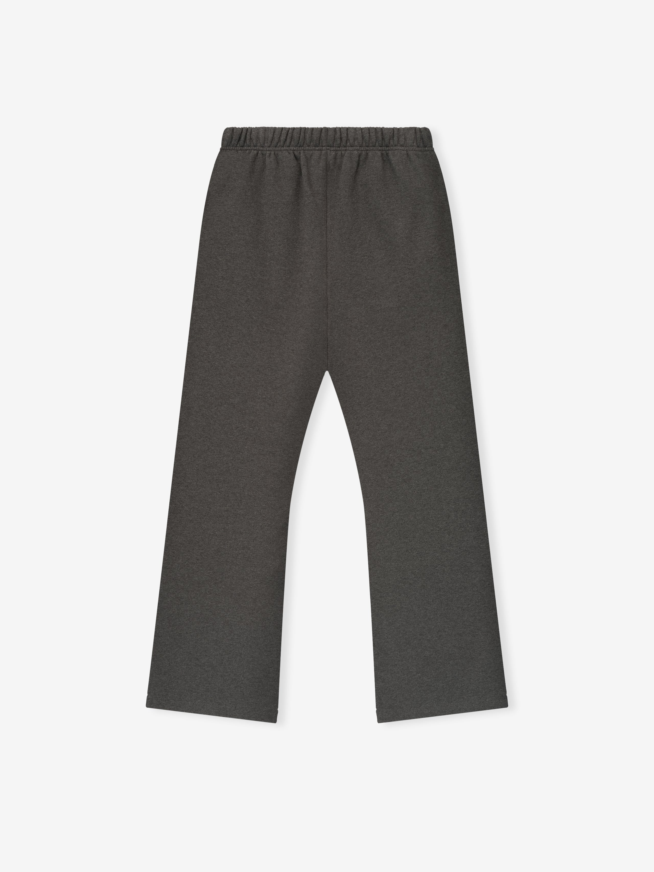 Back view of charcoal heather flare sweatpant with elastic waistband and wide leg silhouette on white background