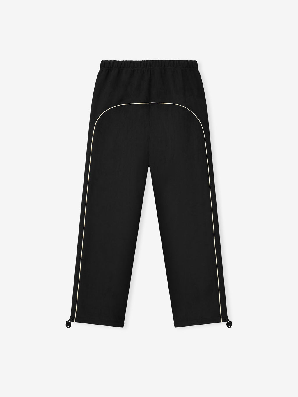 black bonded suede fleece relaxed straight leg pants with contrasting piping and adjustable ankle drawstrings
