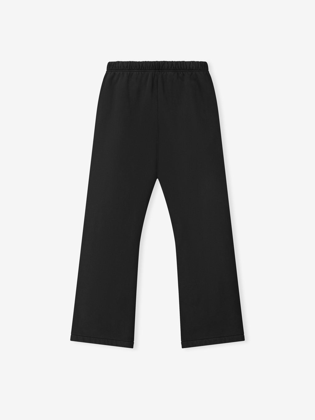 black heavyweight fleece sweatpants in relaxed fit with elastic waistband and classic flare leg silhouette