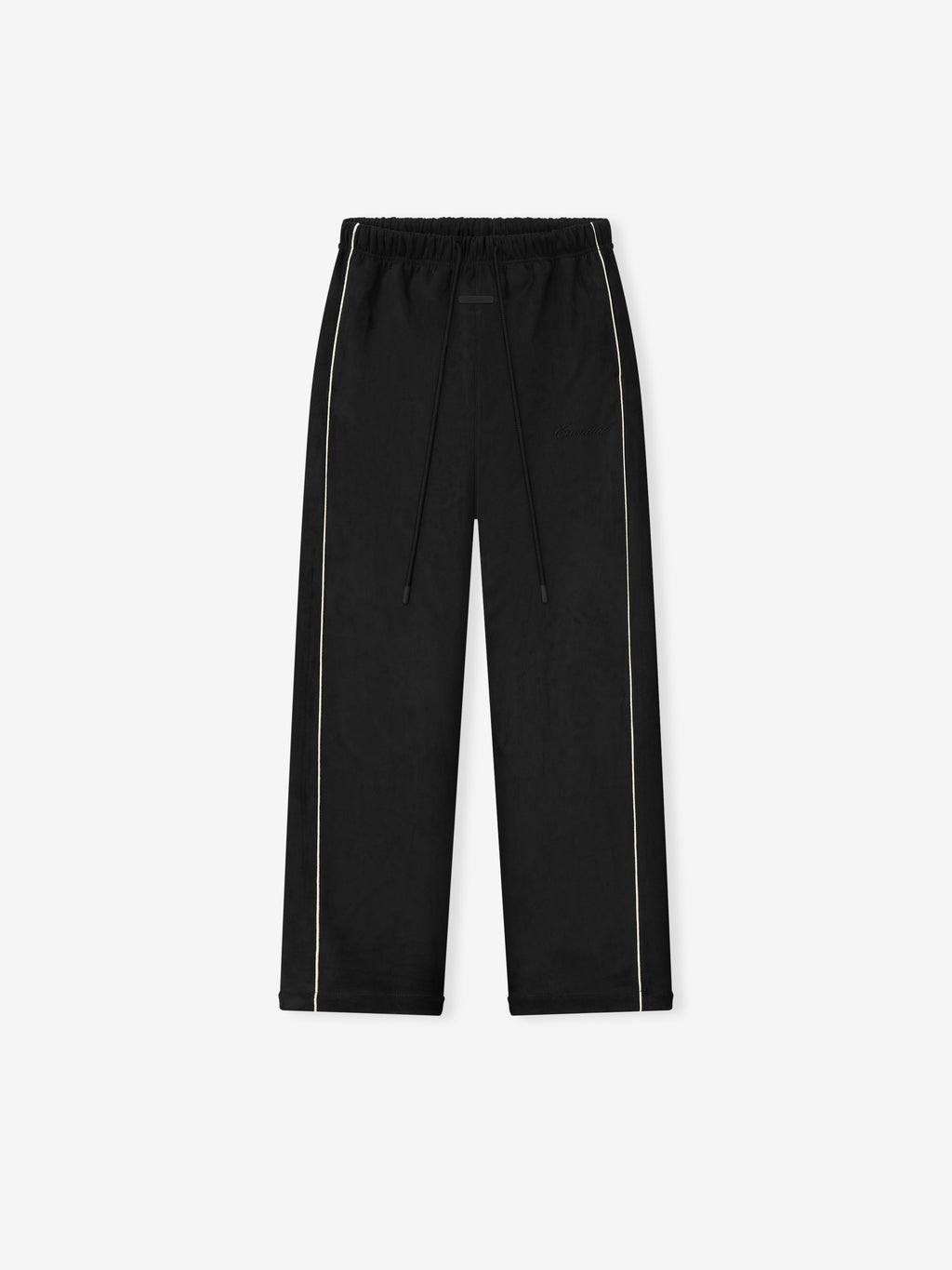 Black pants with white piping on a white background
