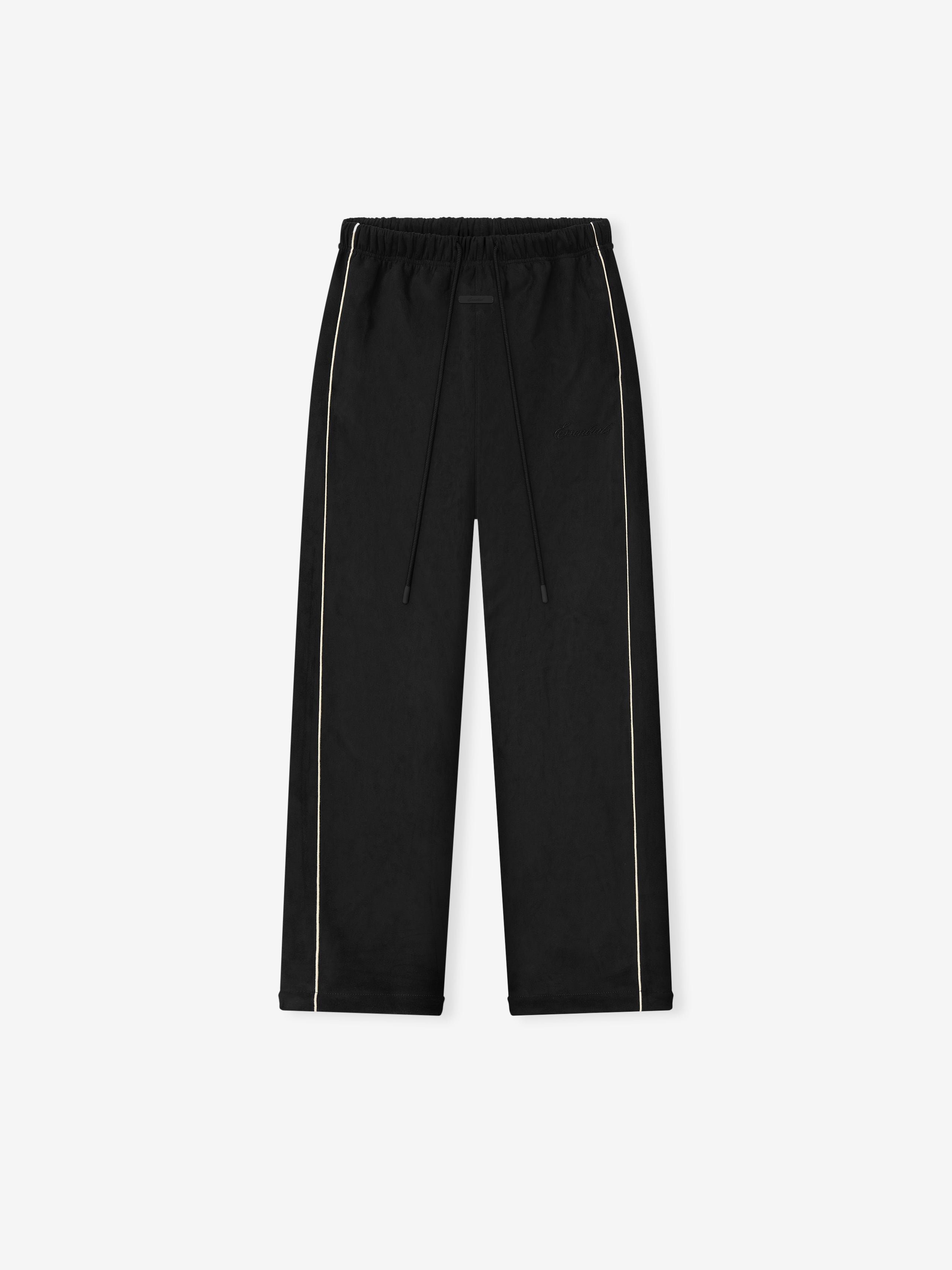 Black pants with white piping on a white background