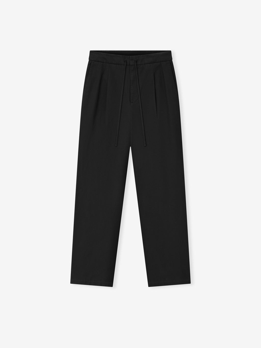 black cotton canvas pants with relaxed leg, front pleat detailing, side pockets, and elastic waistband with drawstring