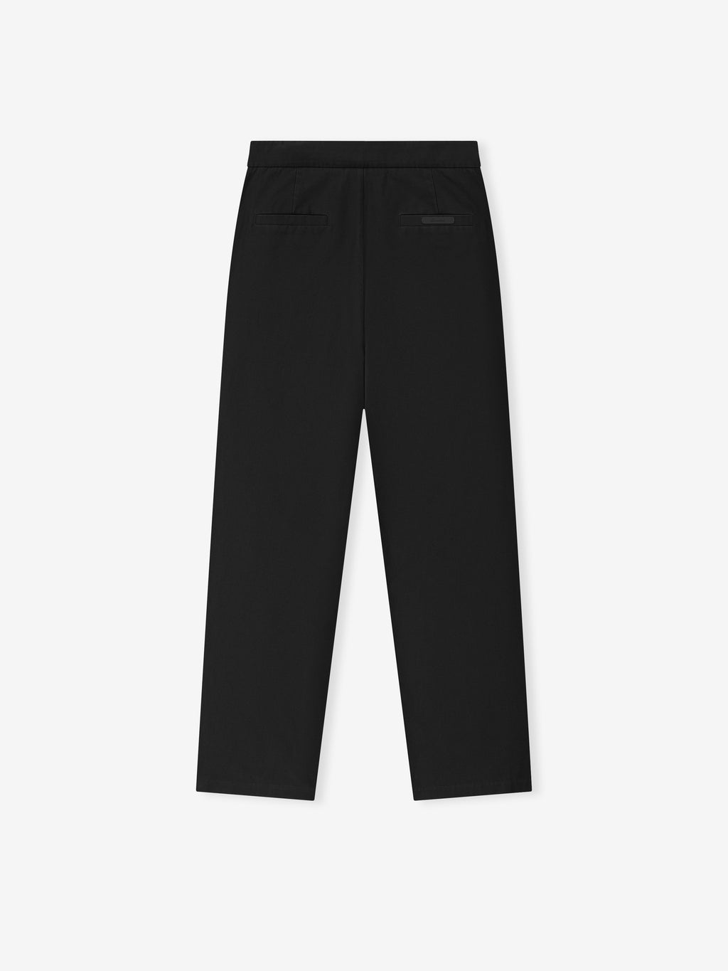 black cotton canvas pleat front pants with relaxed leg fit, back welt pockets, and elastic waistband