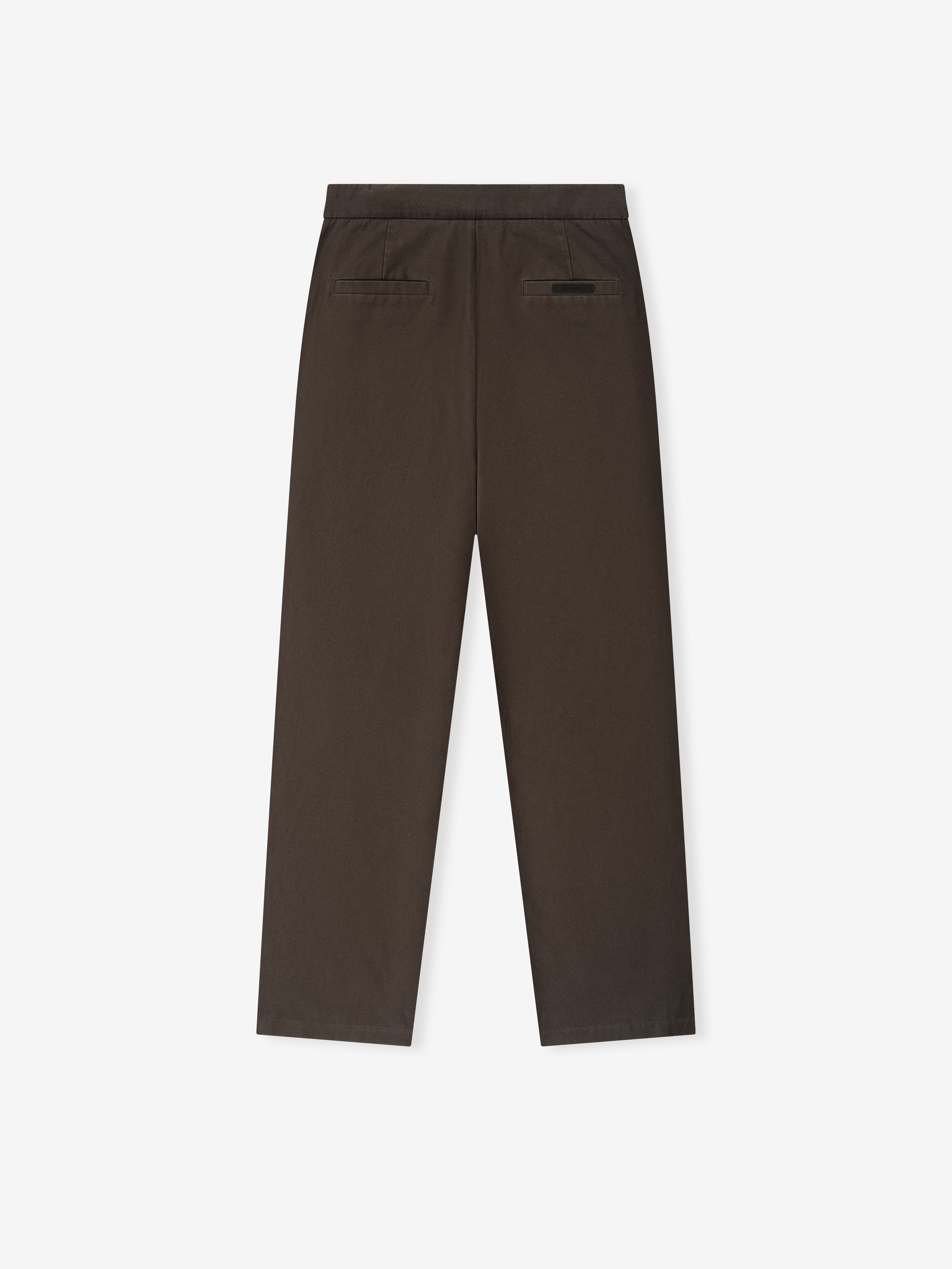 Rear view of dark brown straight-leg pants with two welt pockets and a smooth waistband on a white background