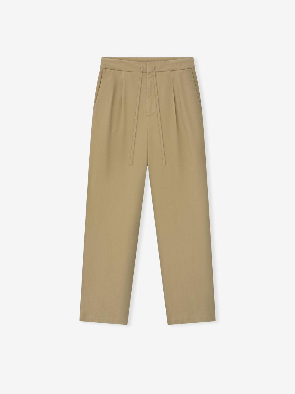 Light brown straight-leg pants with front pleats and a drawstring waistband laid flat on a white background