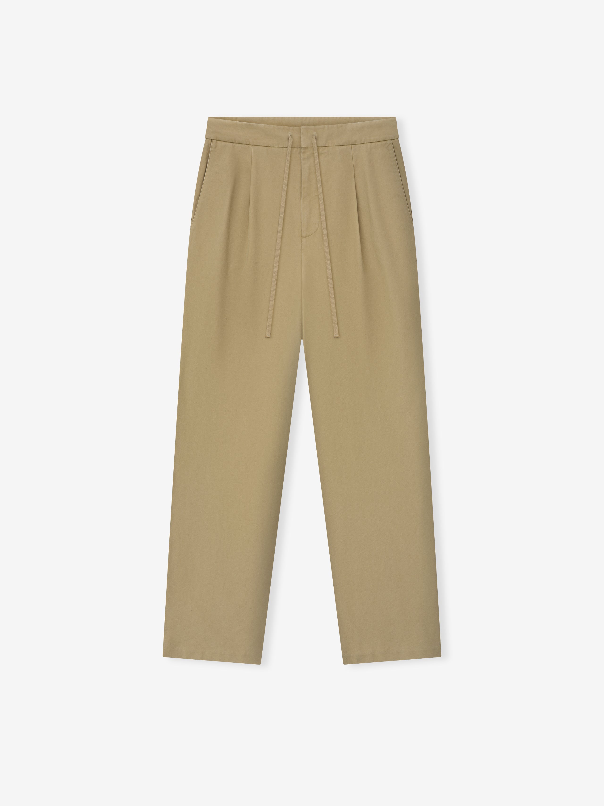 Light brown straight-leg pants with front pleats and a drawstring waistband laid flat on a white background