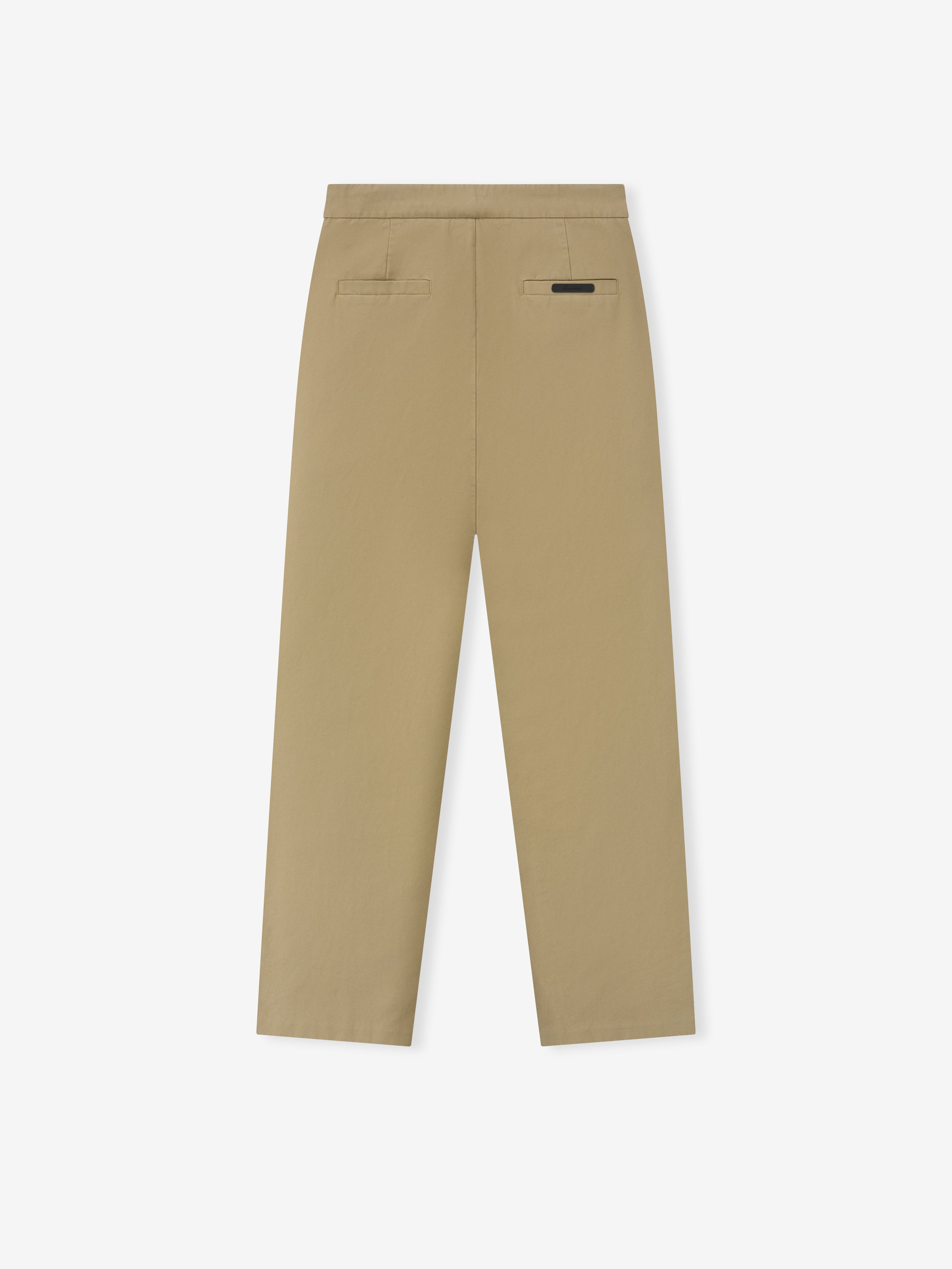 Back view of khaki straight-leg pants with welt pockets and a smooth waistband on a neutral background