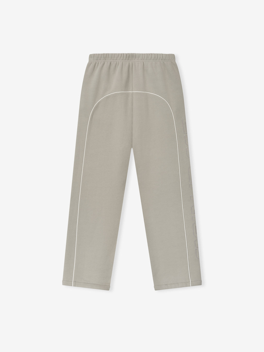 light taupe baggy sweatpants with elastic waistband, white sportswear piping, and tonal embroidered logo on side leg