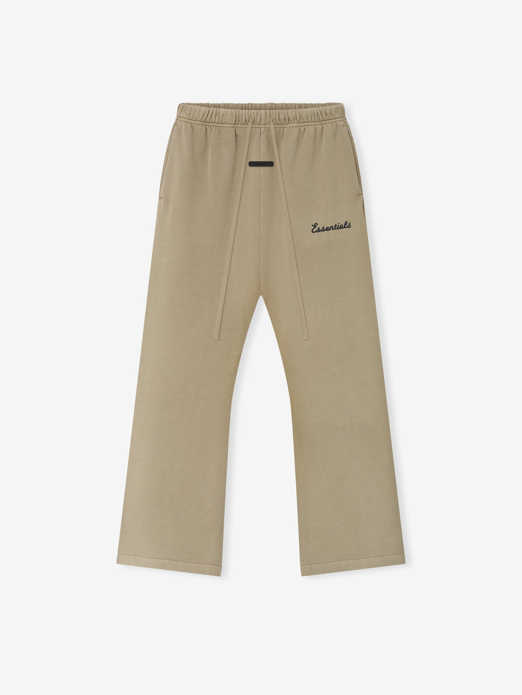 Beige sweatpants with Essentials script logo on a white background