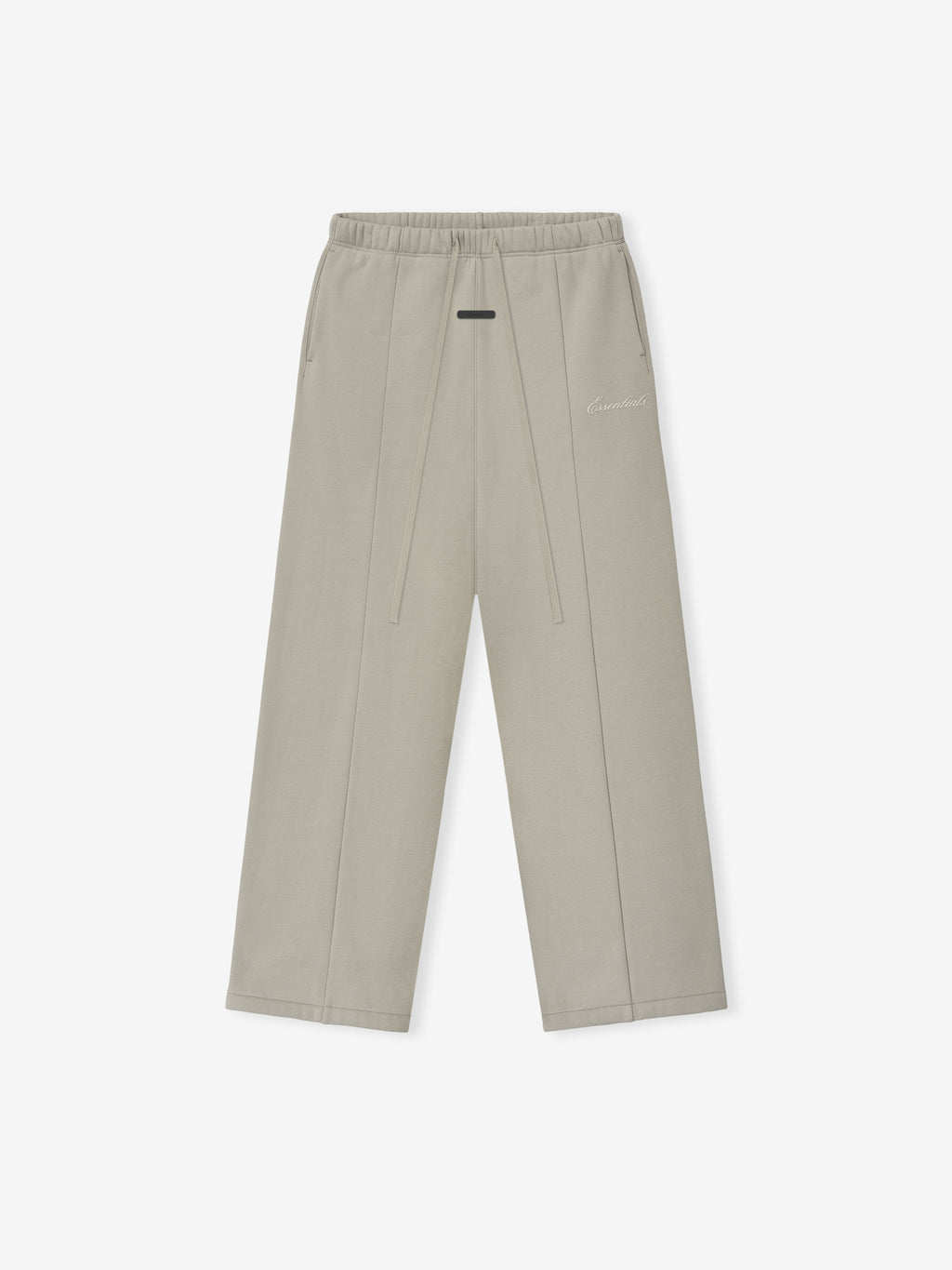 Grey pants on a white background with a white emboridered "Essentials" signature logo.