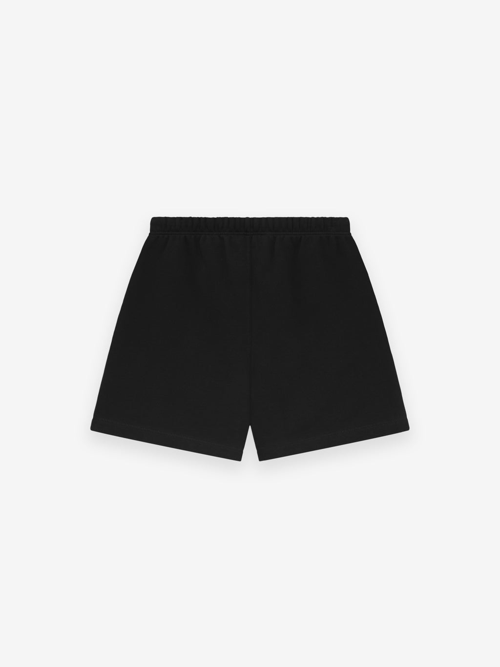 Flat lay of jet black Soccer Fleece Classic Sweatshorts with elastic waistband on plain white background