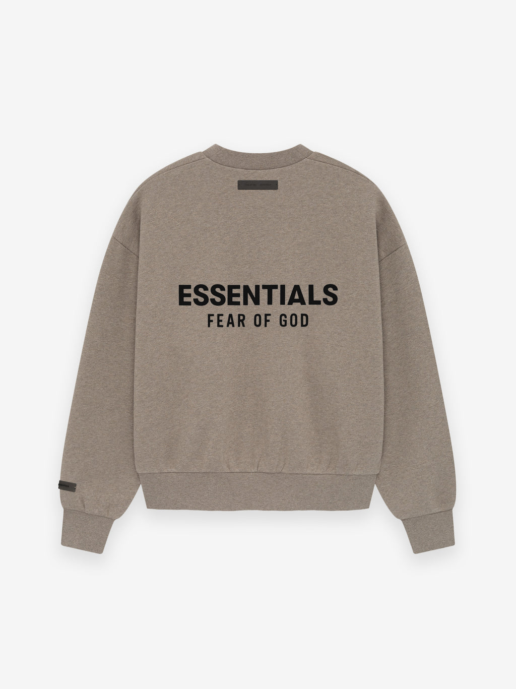 Taupe crewneck sweatshirt with ribbed cuffs and hem, featuring bold black "ESSENTIALS FEAR OF GOD" text on the back