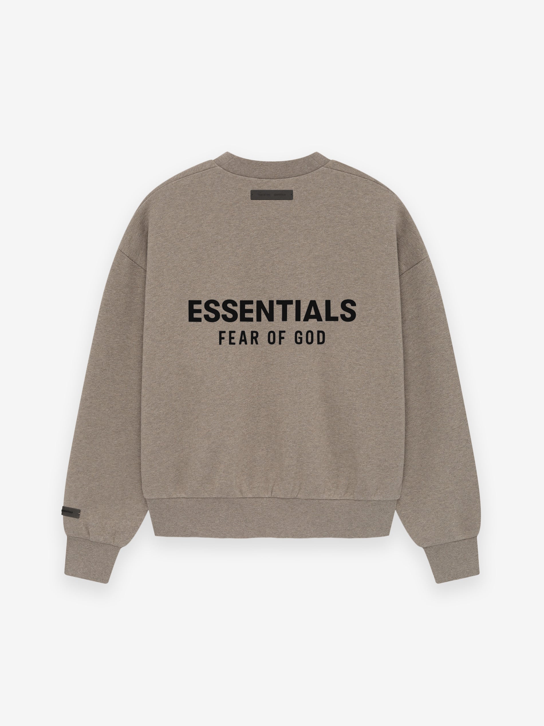 Taupe crewneck sweatshirt with ribbed cuffs and hem, featuring bold black "ESSENTIALS FEAR OF GOD" text on the back