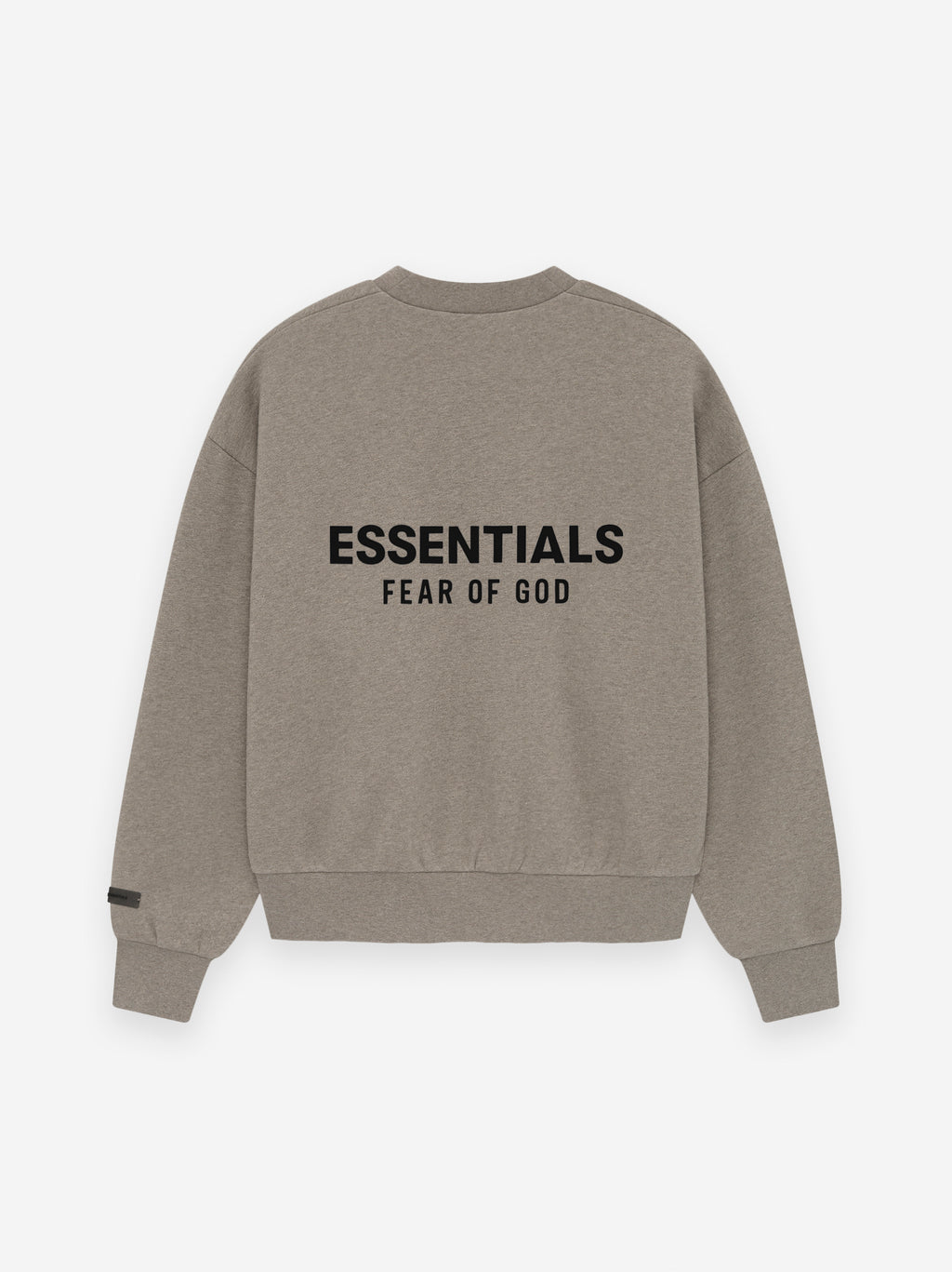 Back view of Classic Fit Fleece Crewneck Sweatshirt in Homestead Heather with bold ESSENTIALS Fear of God logo, gallery image 0