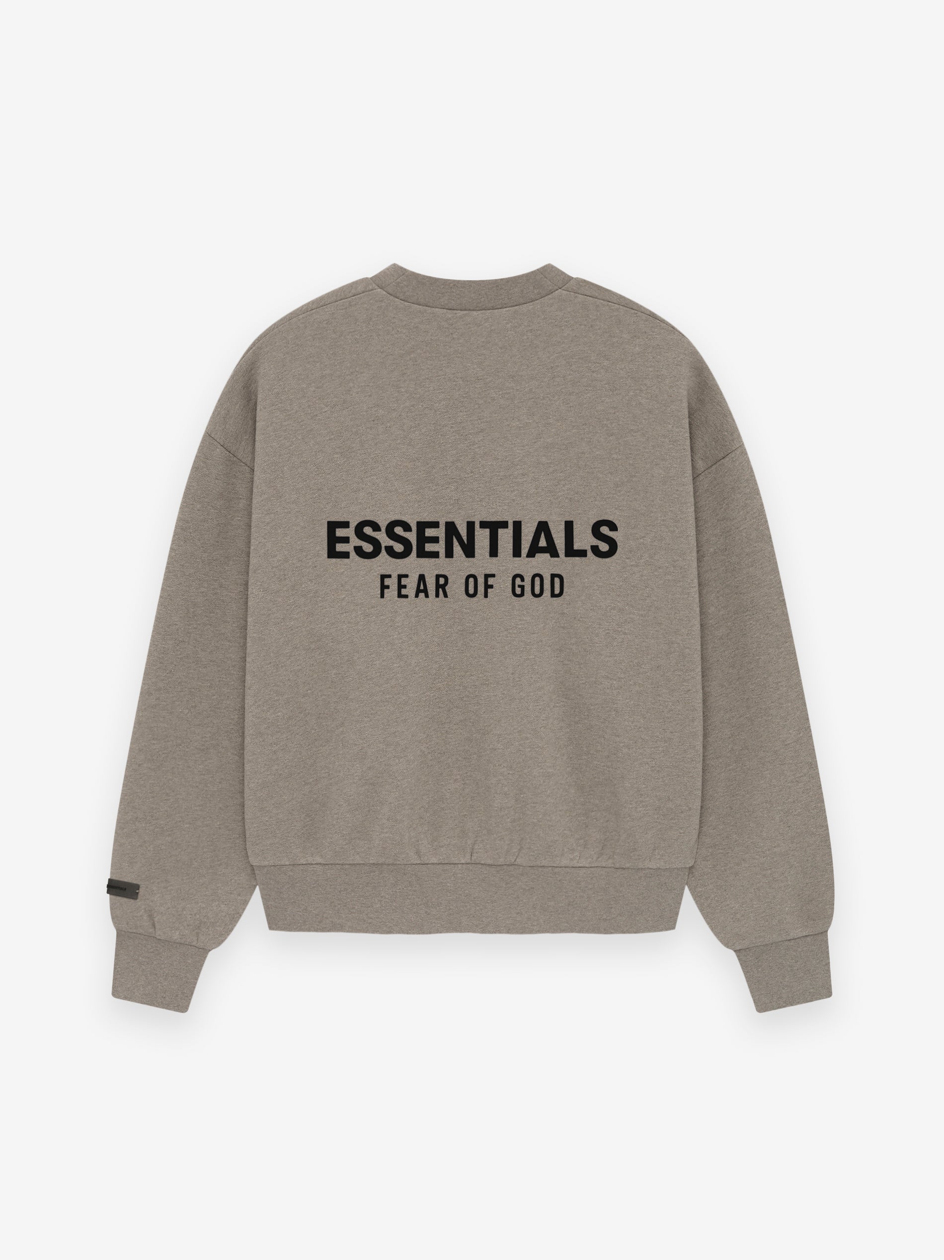 Back view of Classic Fit Fleece Crewneck Sweatshirt in Homestead Heather with bold ESSENTIALS Fear of God logo, gallery image 0