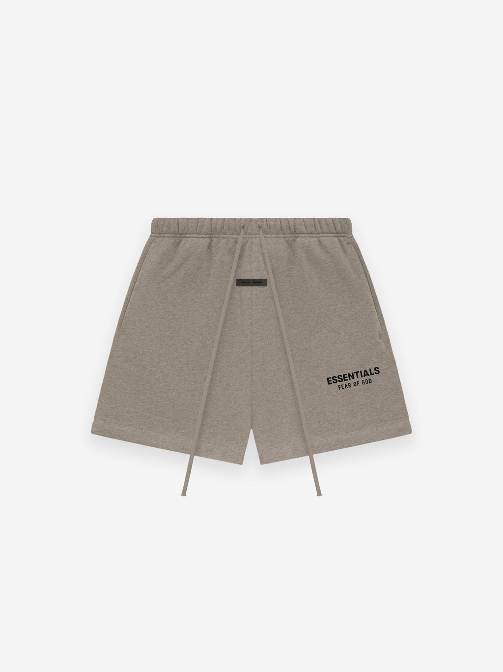 taupe Essentials sweatshorts made from thick core fleece with elastic waistband and Fear of God logo on leg