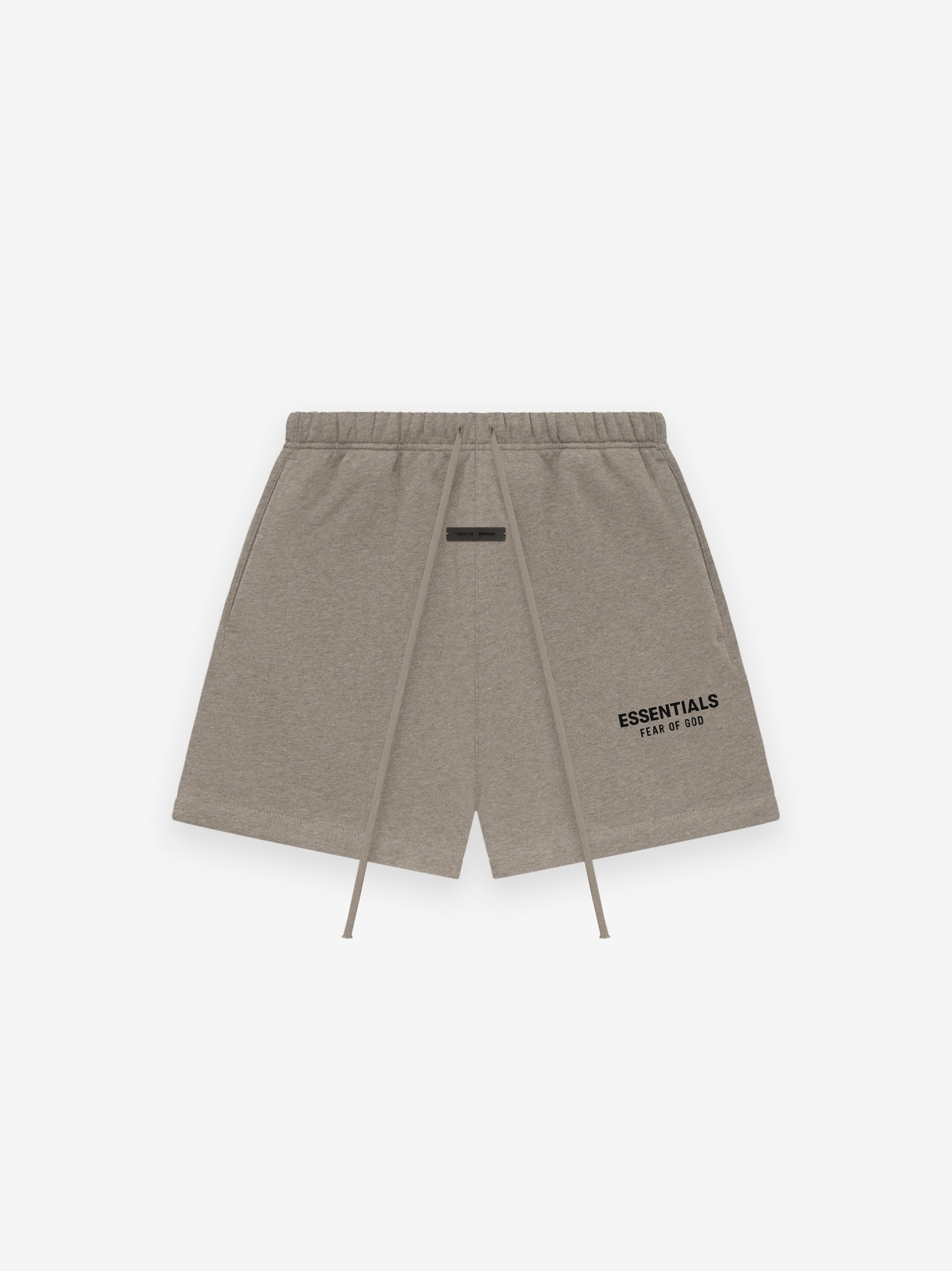 taupe Essentials sweatshorts made from thick core fleece with elastic waistband and Fear of God logo on leg