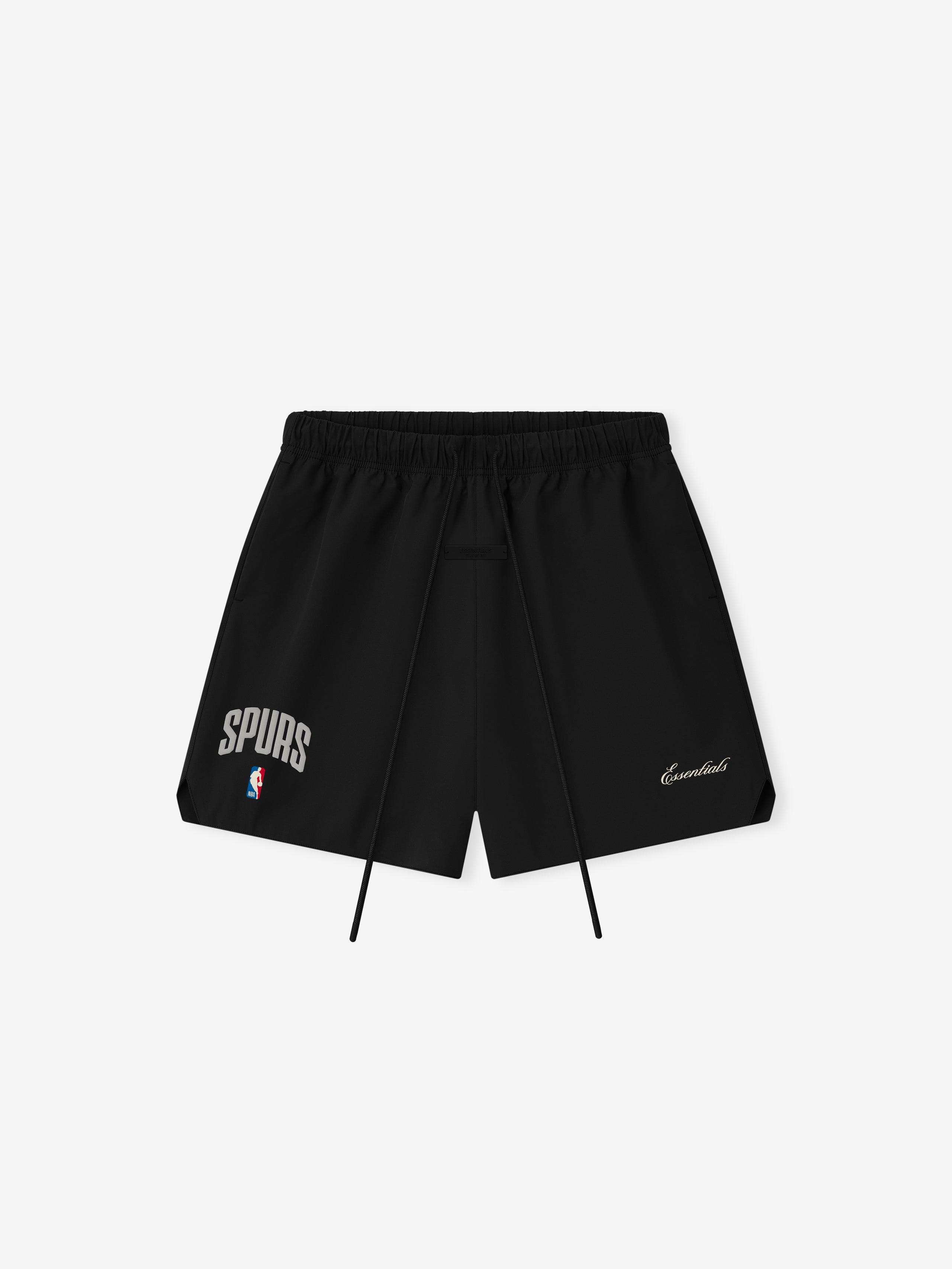 Black Spurs Classic Short front view with gray "SPURS" text and NBA logo plus small "Essentials" script in gallery position 0