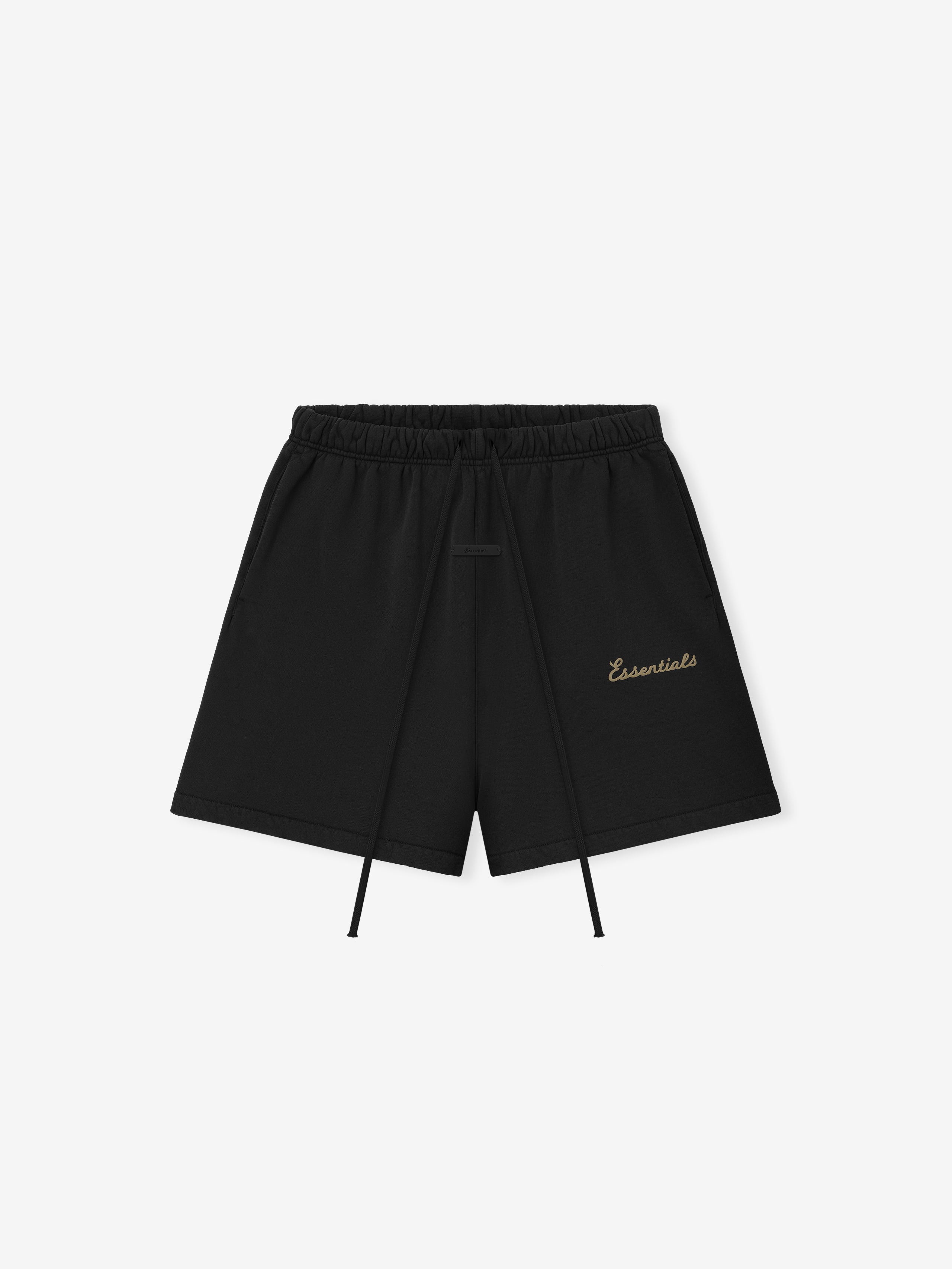 Black shorts with 'Essentials' puff print on leg on a white background