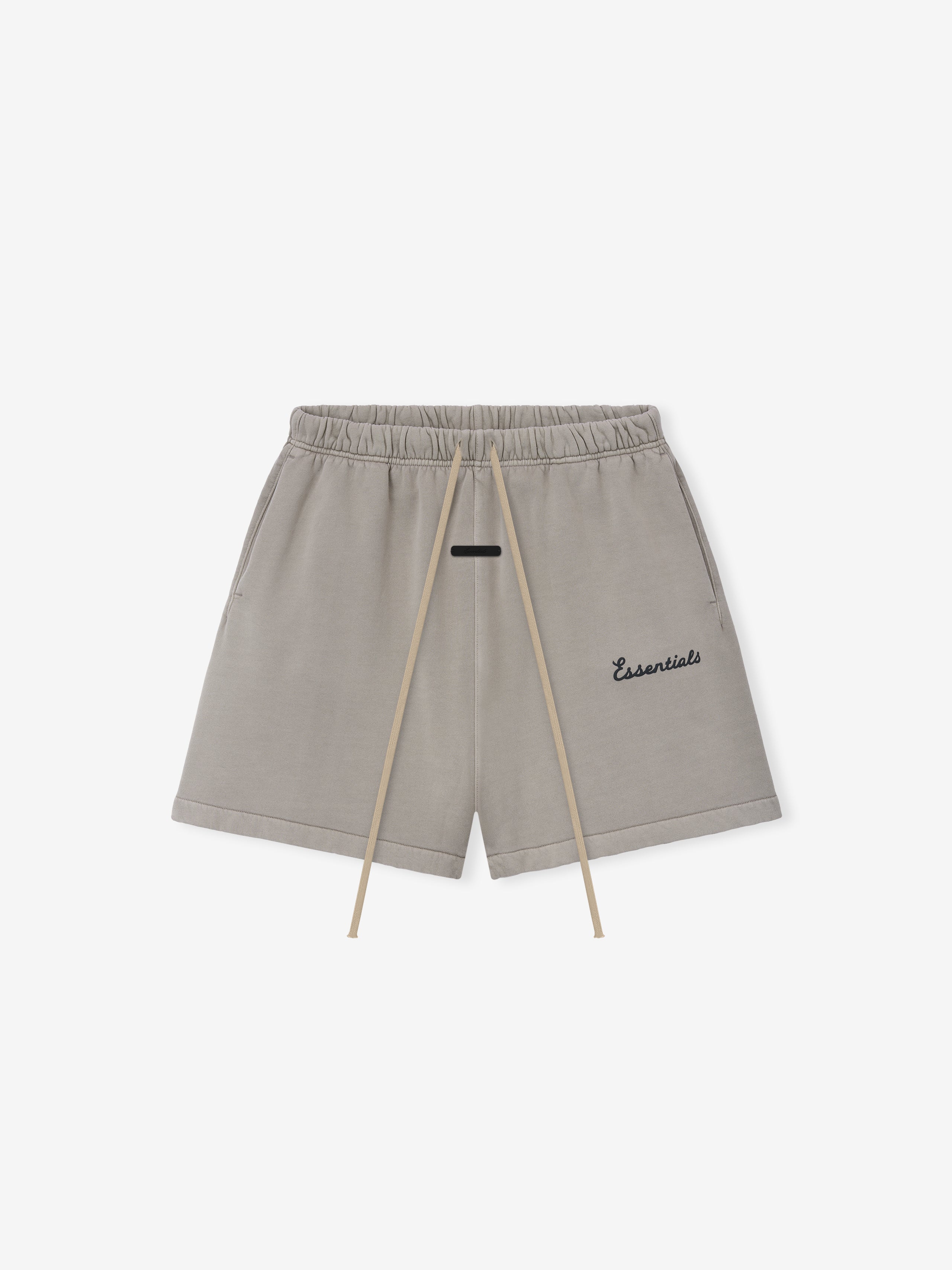 Grey shorts with drawstring on a white background