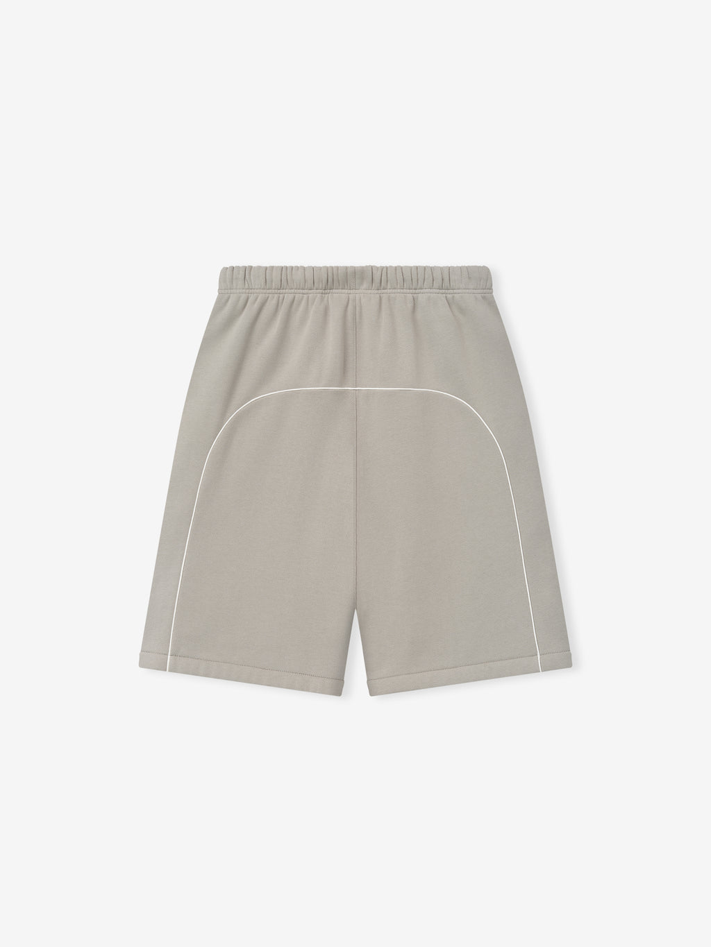 Grey shorts with white piping on a light gray background