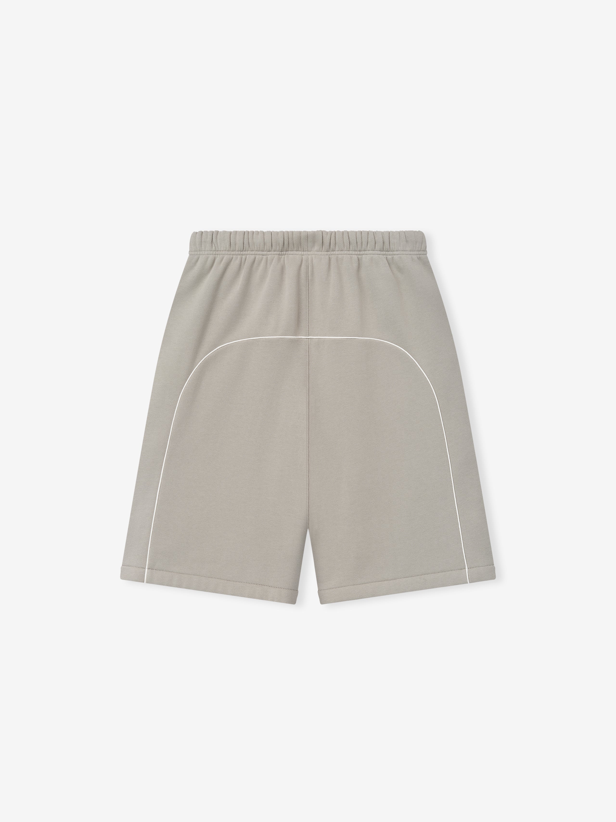 Grey shorts with white piping on a light gray background
