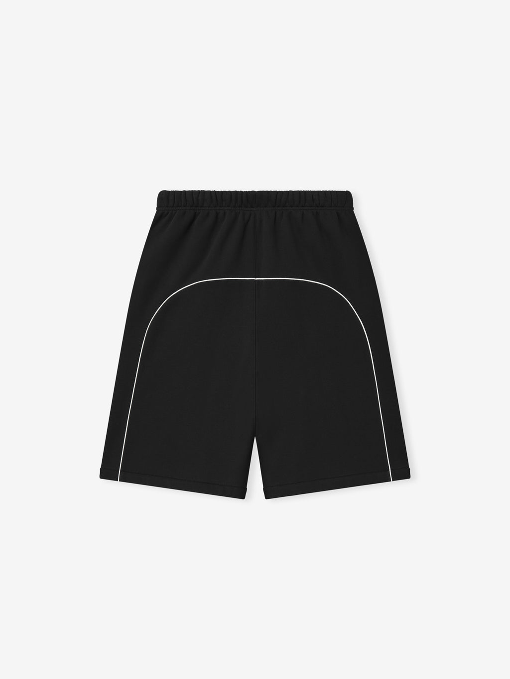 black bonded suede fleece shorts with relaxed fit, elastic waistband, and distinctive curved piping detail on back
