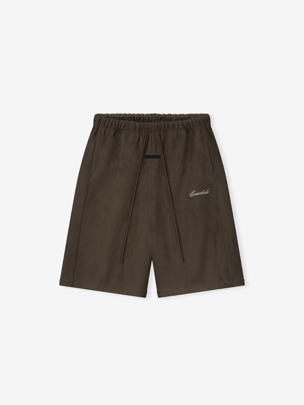 Dark brown shorts with elastic waistband, long drawstrings, and small white cursive embroidered text on front right side