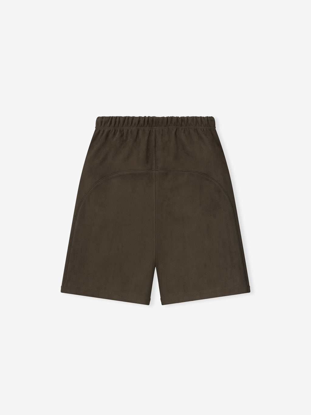 Dark olive shorts with elastic waistband and curved seam detail on the back, laid flat on a white background
