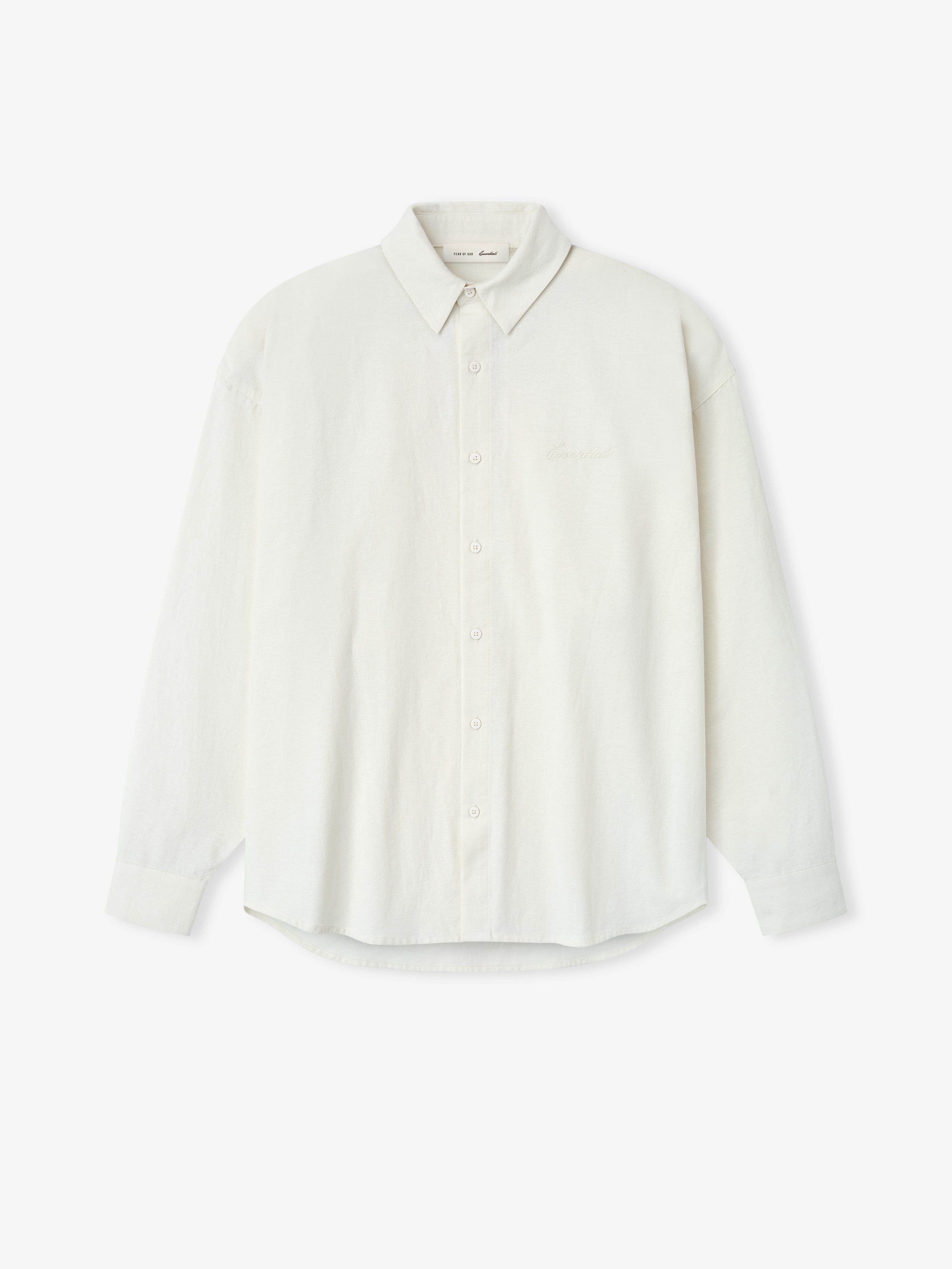 Off-white button-up shirt with long sleeves and a classic point collar laid flat on a white background