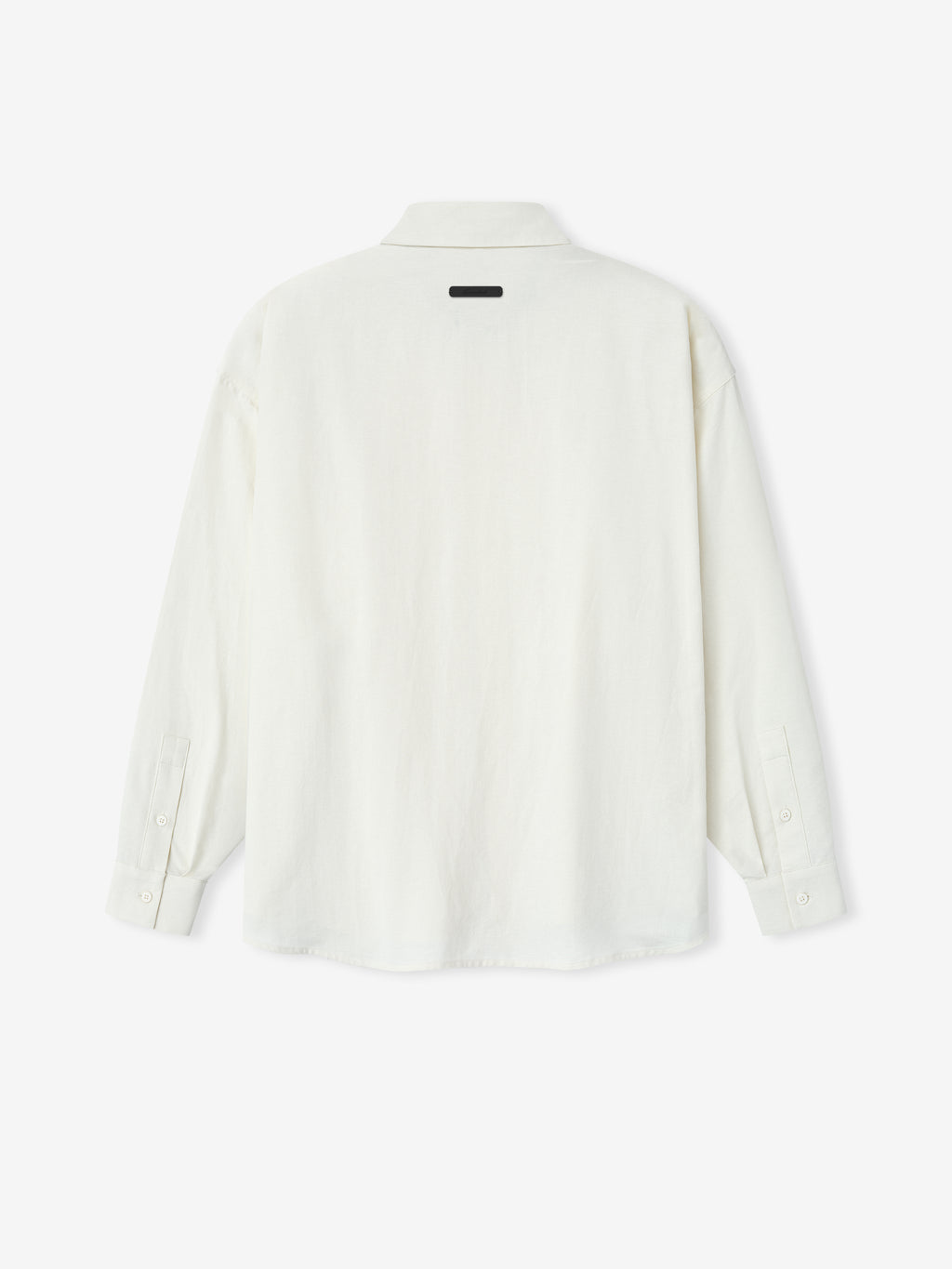 Back view of an ivory long-sleeve shirt with a classic collar and buttoned cuffs on a white background