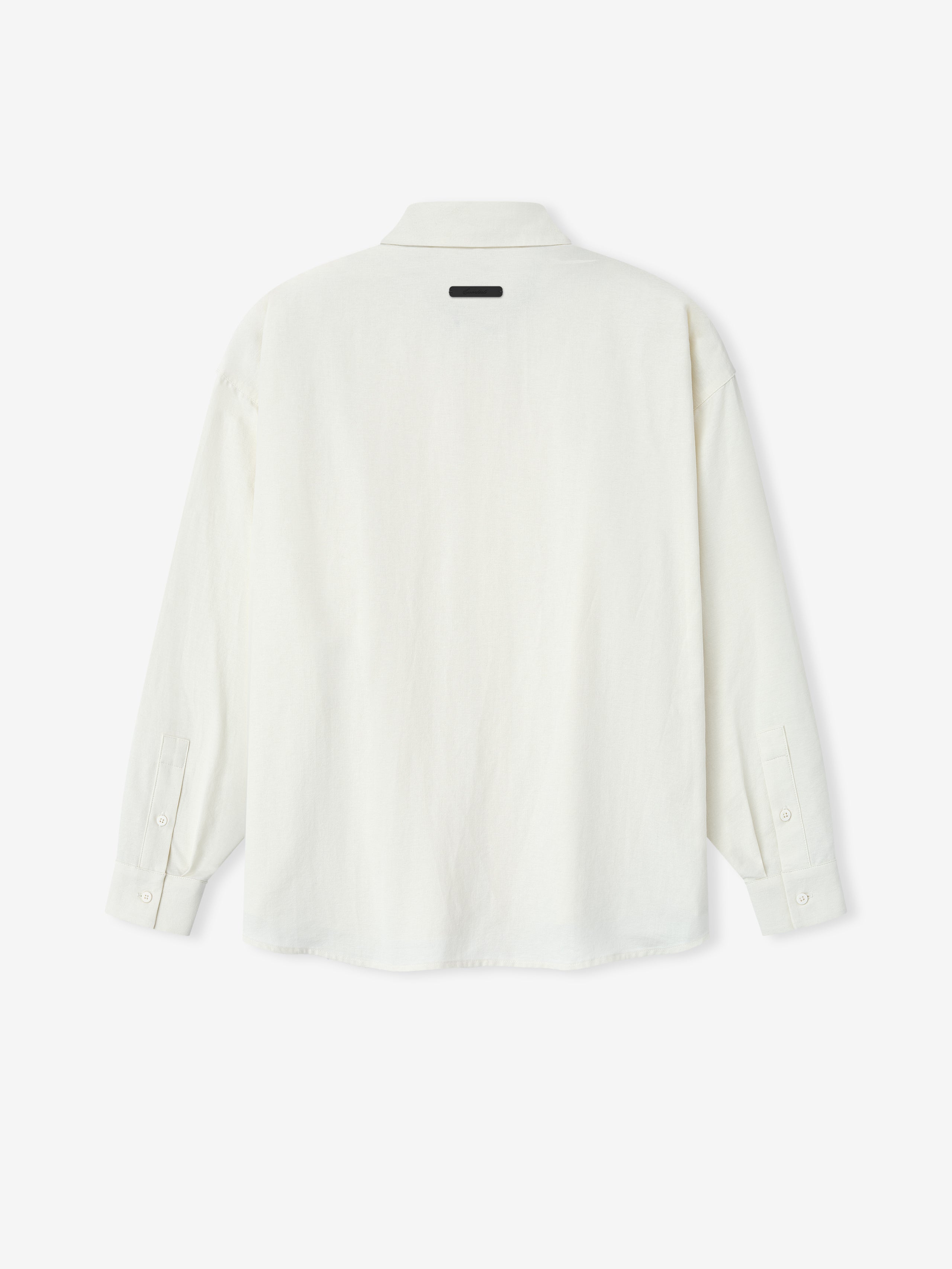 Back view of an ivory long-sleeve shirt with a classic collar and buttoned cuffs on a white background