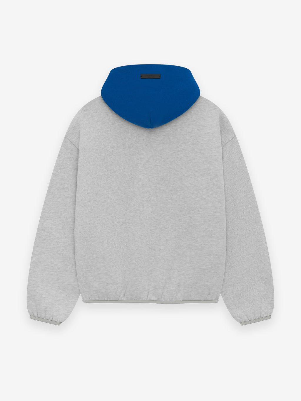 Back view of grey Essentials Knicks hoodie with contrasting blue hood and elastic cuffs on plain white background