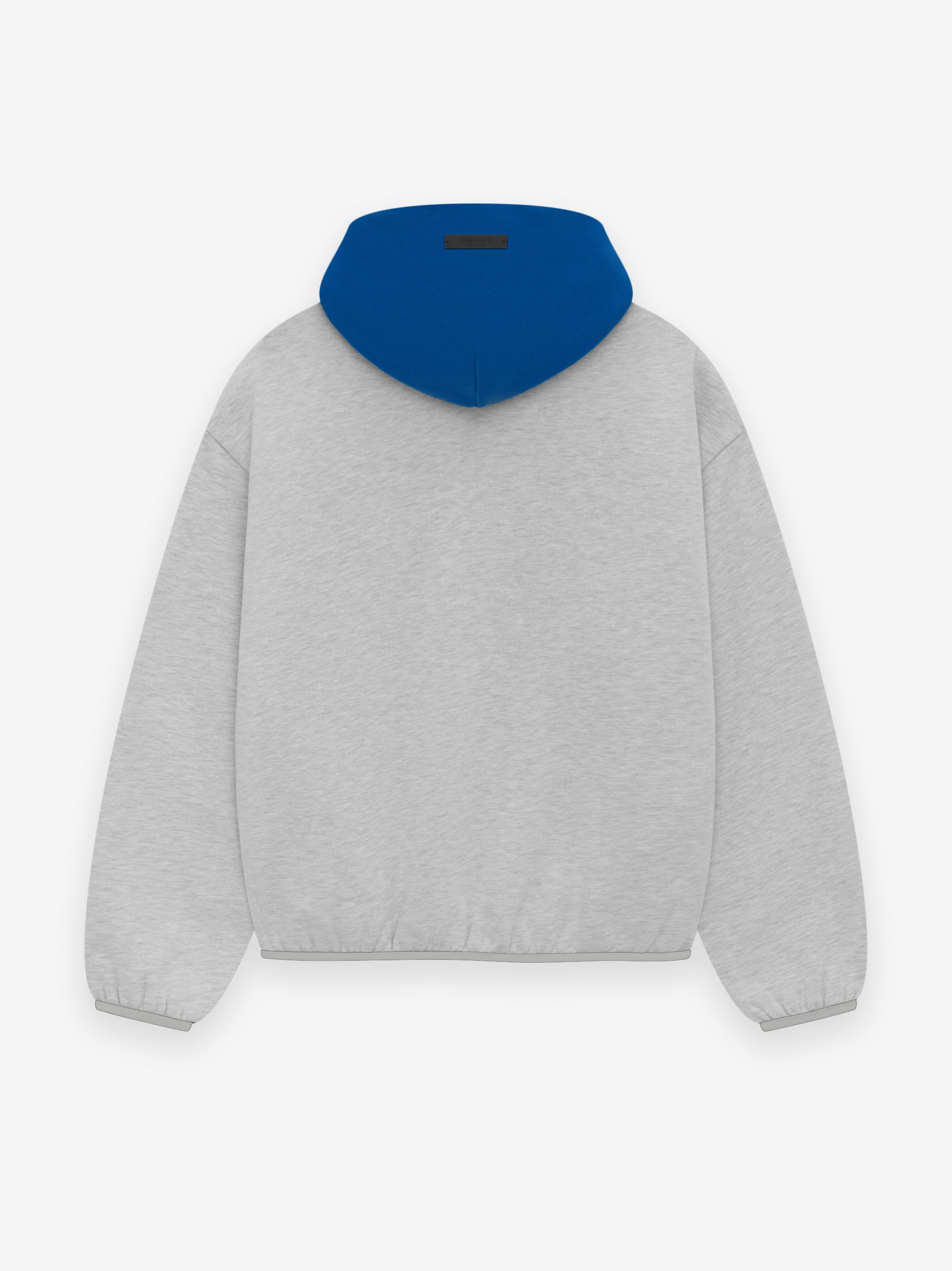 Back view of grey Essentials Knicks hoodie with contrasting blue hood and elastic cuffs on plain white background