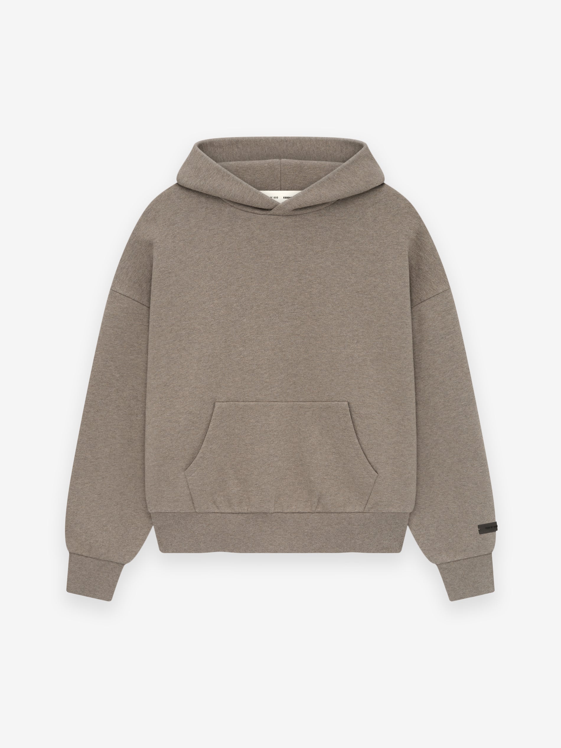 taupe Essentials Classic Hoodie with kangaroo pocket and ribbed cuffs, featuring a clean front without logos or graphics