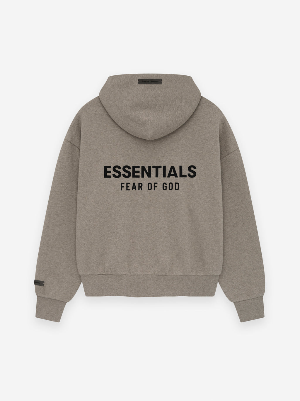 Back of taupe hoodie with bold black ESSENTIALS Fear of God logo centered between shoulders and ribbed cuffs
