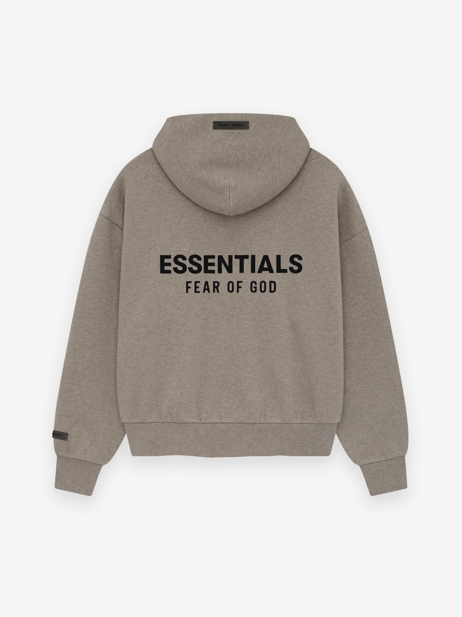 Back of taupe hoodie with bold black ESSENTIALS Fear of God logo centered between shoulders and ribbed cuffs
