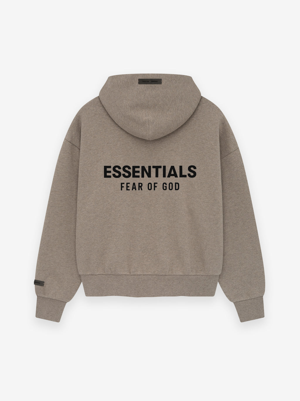 back view of taupe hoodie with bold black "ESSENTIALS FEAR OF GOD" logo on heavyweight fleece fabric