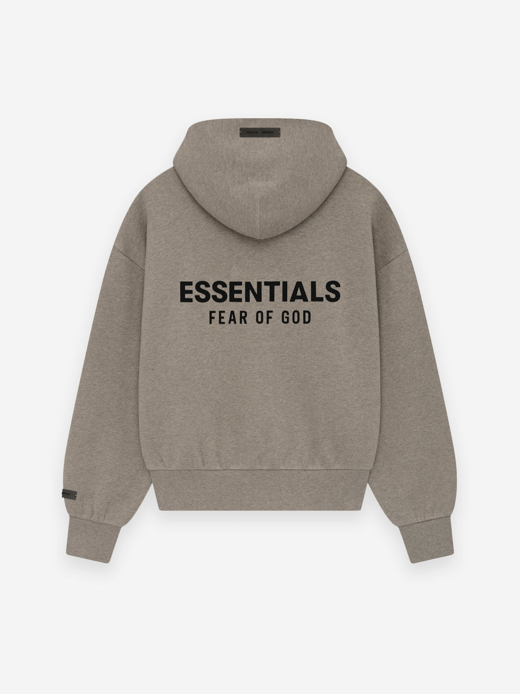 Taupe full-zip hoodie with a roomy fit, hood, ribbed cuffs, and bold black "ESSENTIALS FEAR OF GOD" text on the back