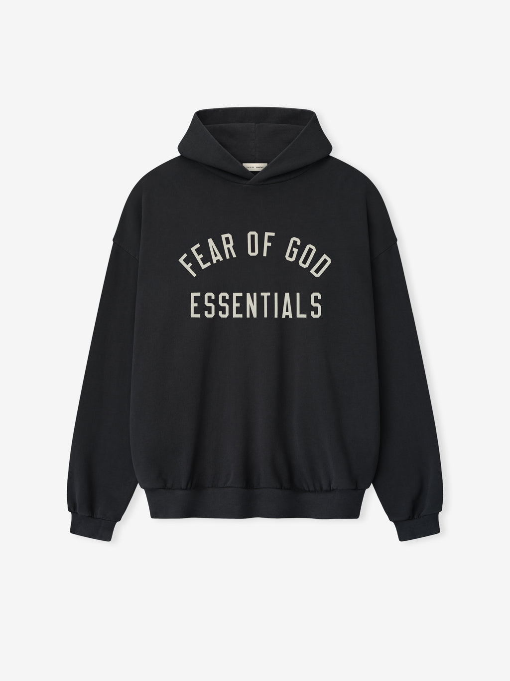Black oversized hoodie with a hood and fleece lining, featuring "Fear of God Essentials" printed in large white letters