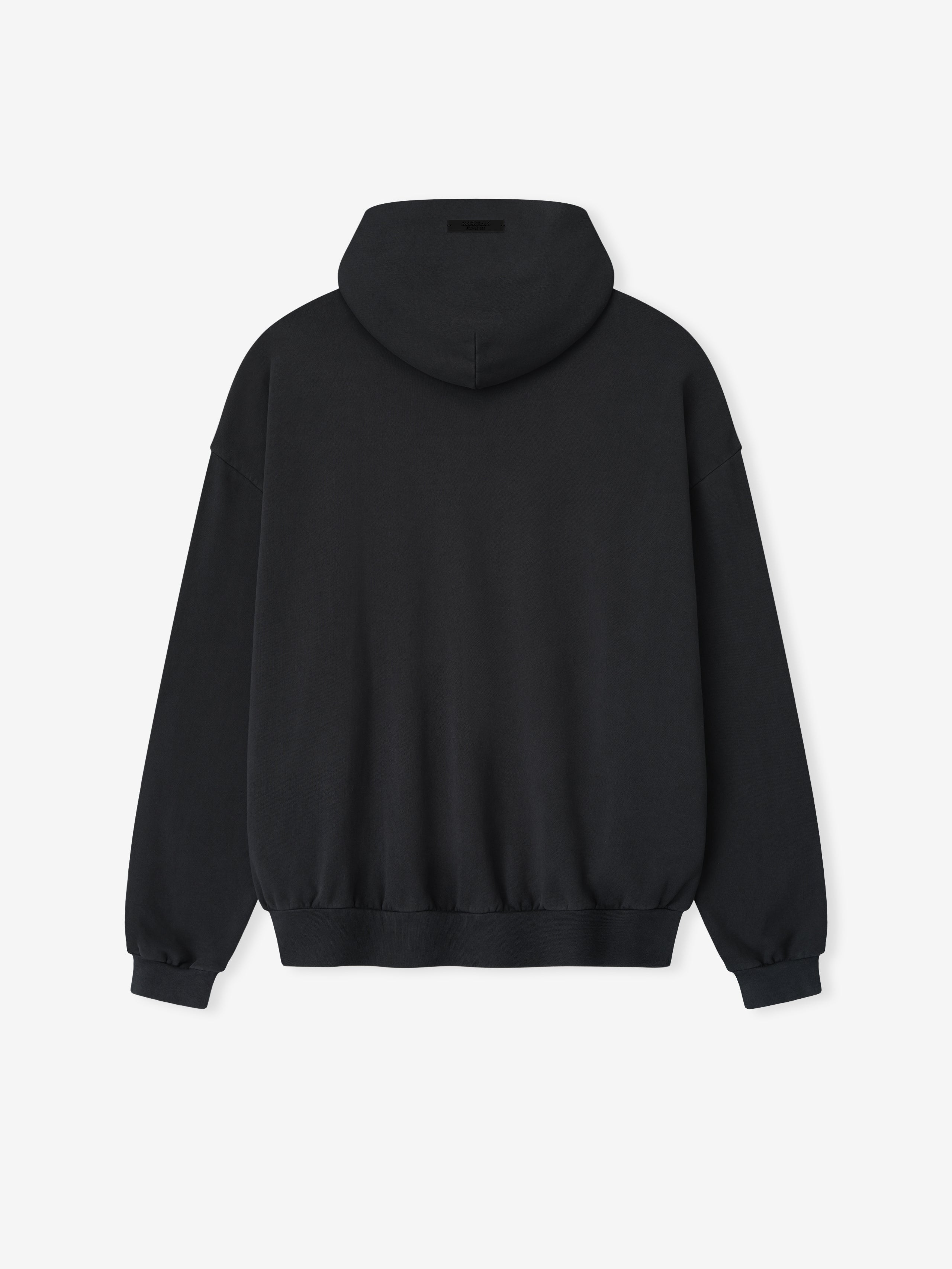 Back view of vintage black 90s Fit Hoodie with elastic cuffs and waistband shown on plain white background