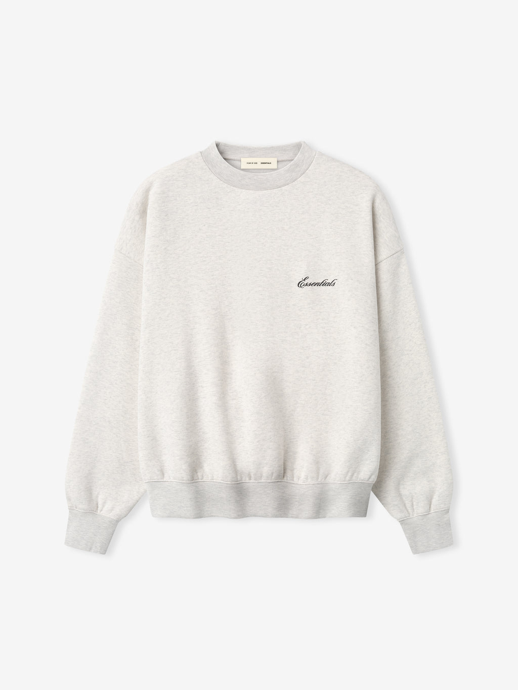 light grey crewneck sweatshirt with rib-knit cuffs and small embroidered Essentials logo on chest