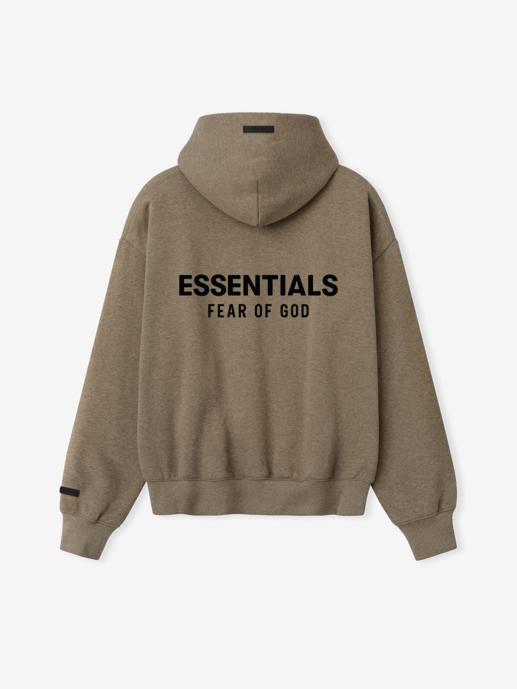 back view of taupe heavyweight fleece hoodie with hood and black Essentials Fear of God logo printed across back