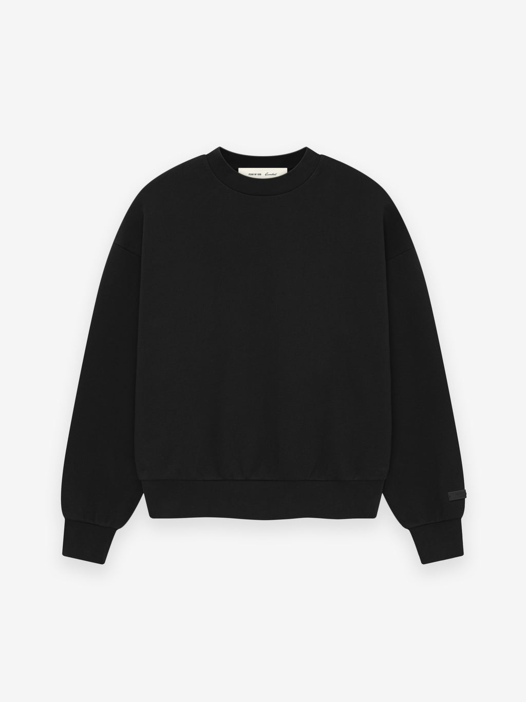 black crewneck sweatshirt in heavy fleece with ribbed cuffs and hem, minimalist design without visible branding on front