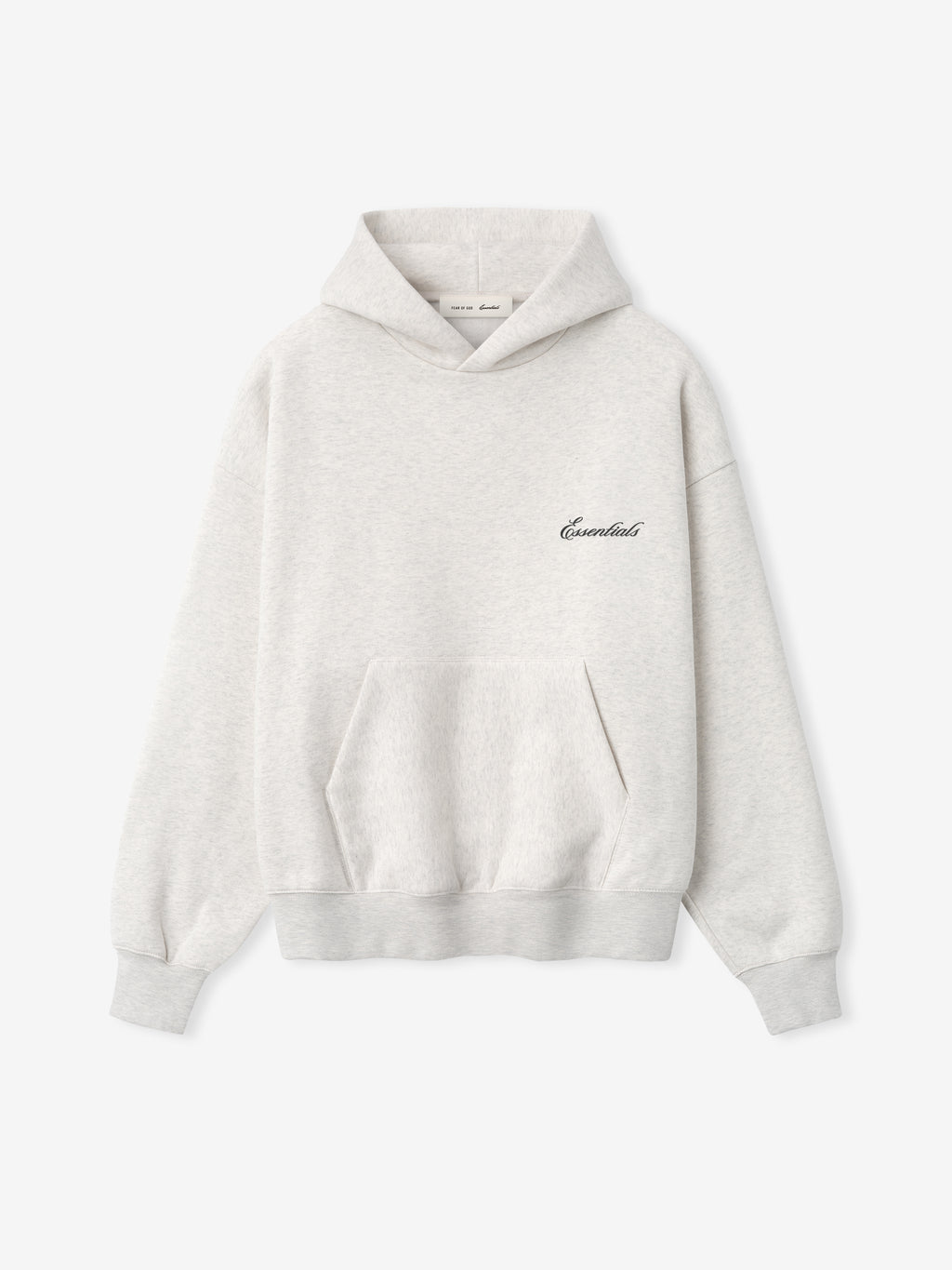 light grey heavyweight hoodie with puff-printed Essentials script logo on chest and front kangaroo pocket