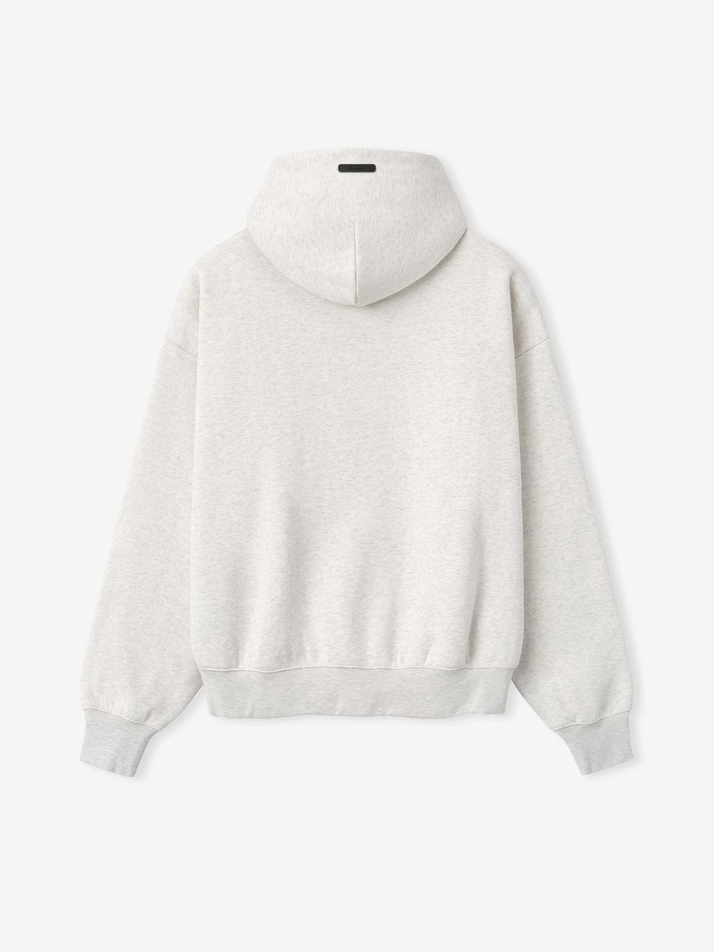 back view of light grey hoodie with hood and ribbed cuffs and hem in relaxed classic fit design