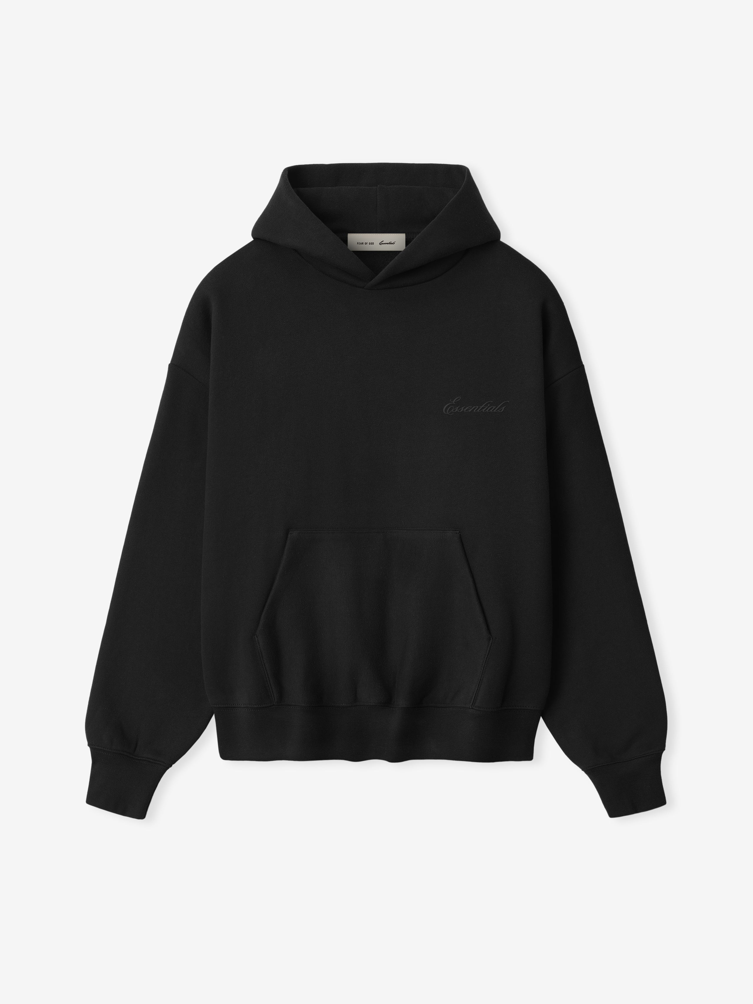 Black hoodie with a brand logo on a white background