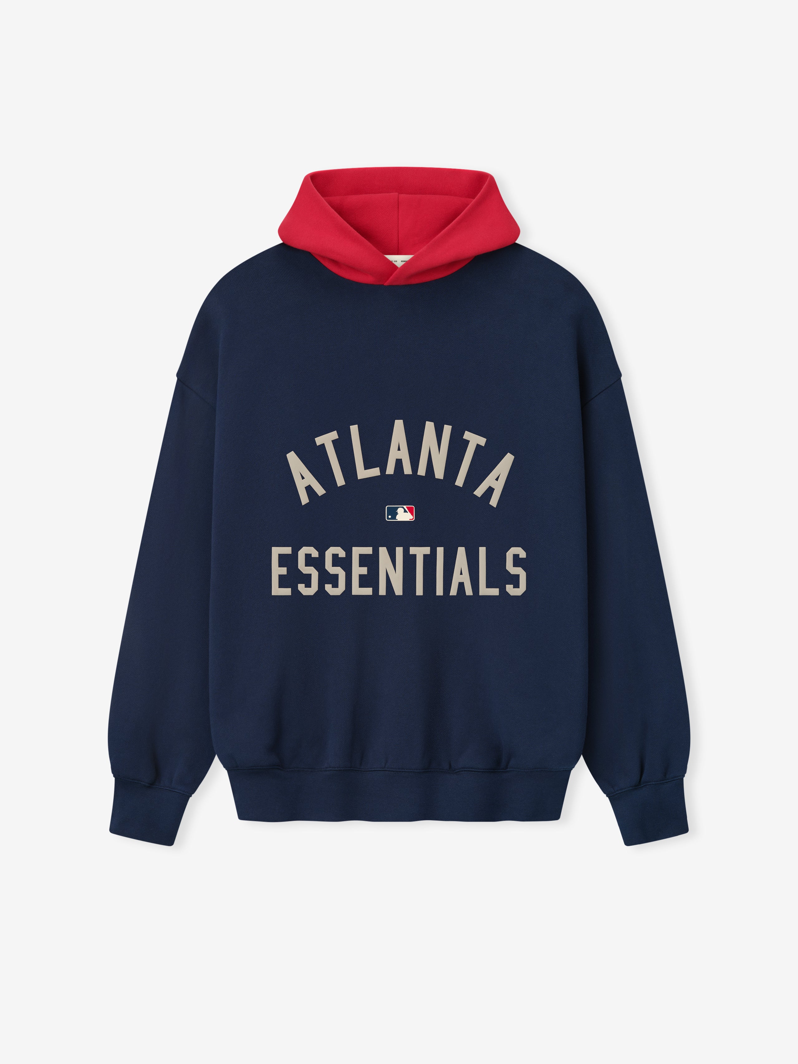 Navy hoodie with red hood featuring beige "ATLANTA ESSENTIALS" text and small MLB logo centered on front panel