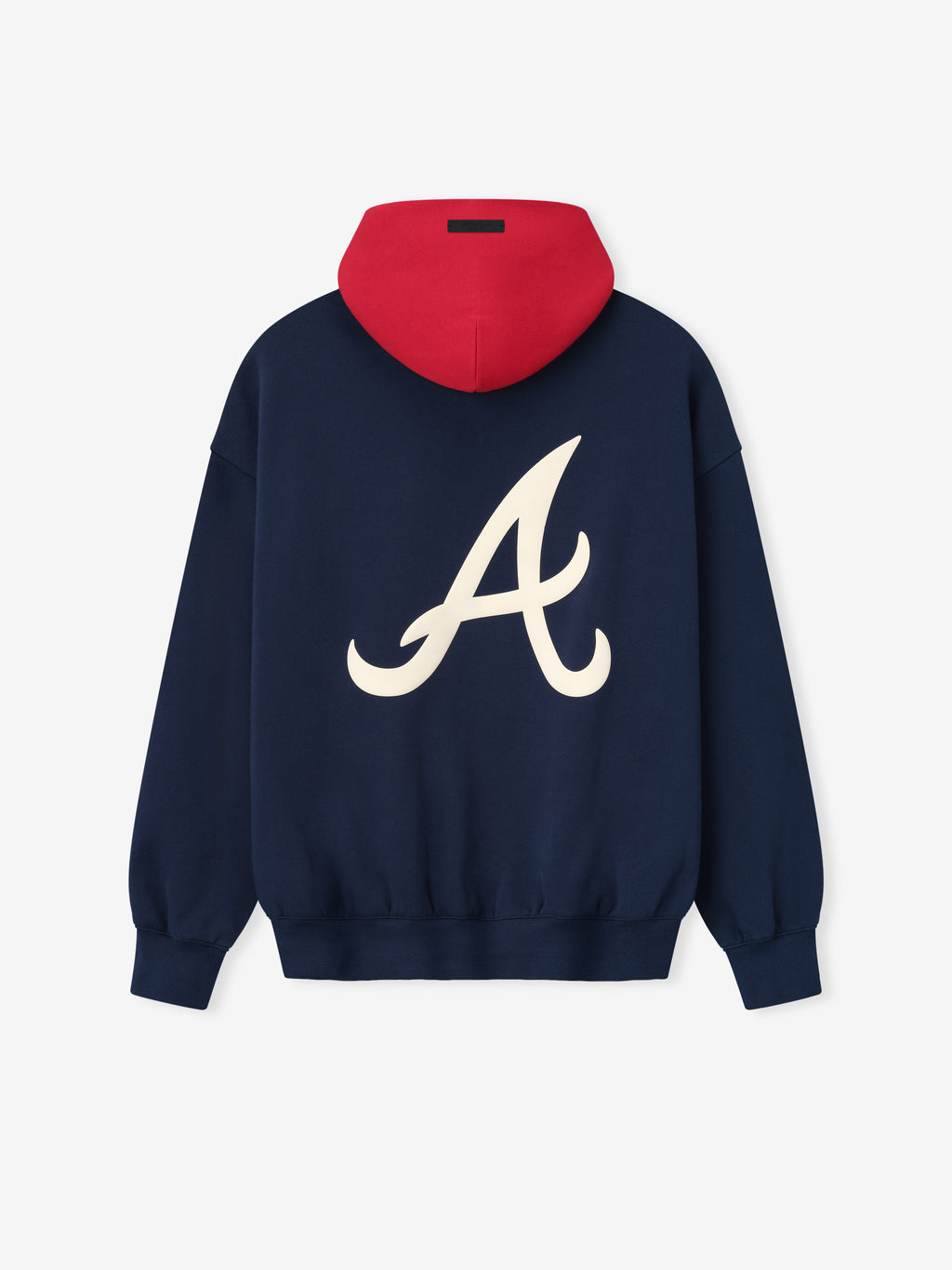 Navy hoodie with large cream "A" logo on back and contrasting red hood in relaxed fit design