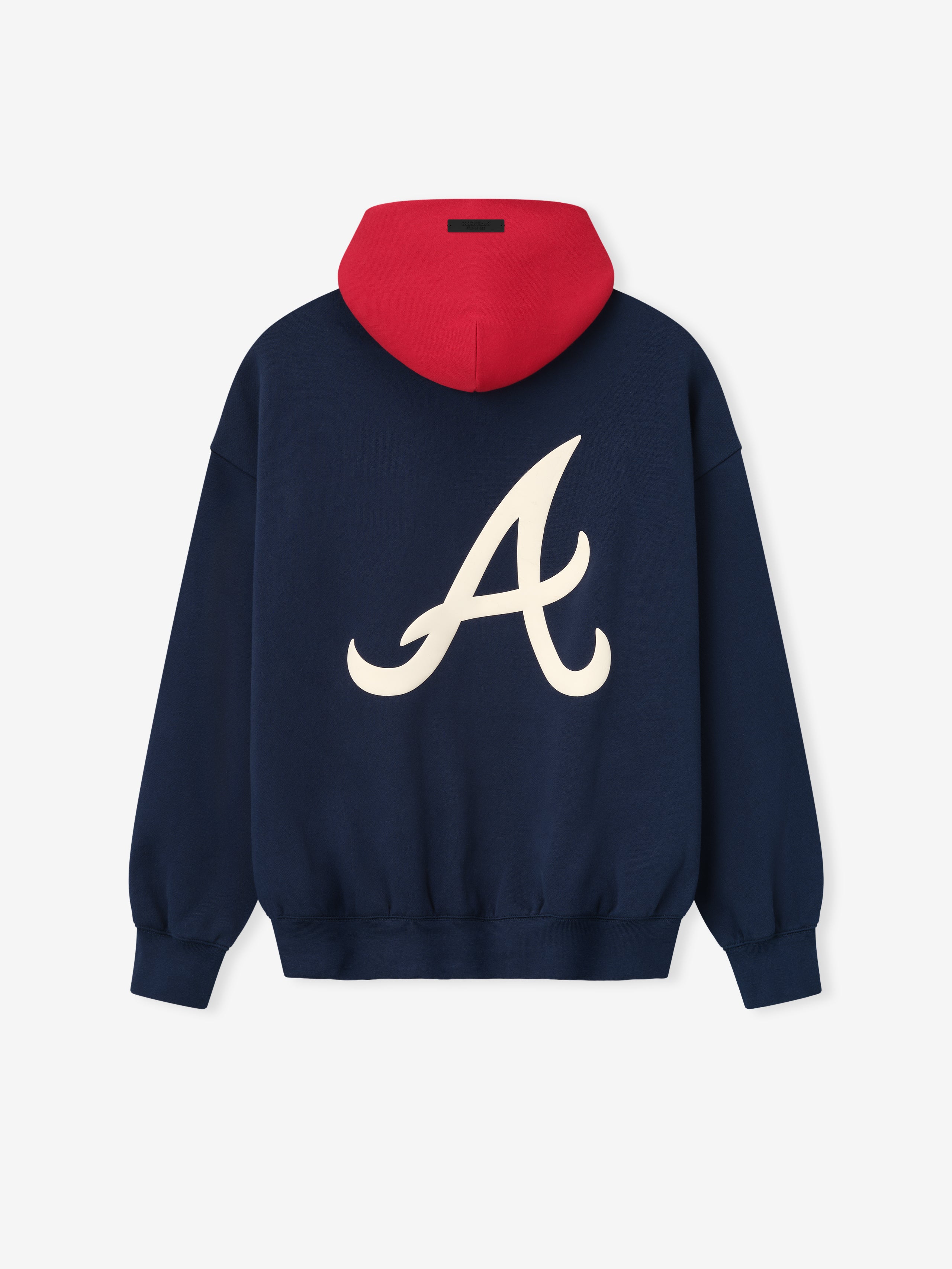 Navy hoodie with large cream "A" logo on back and contrasting red hood in relaxed fit design